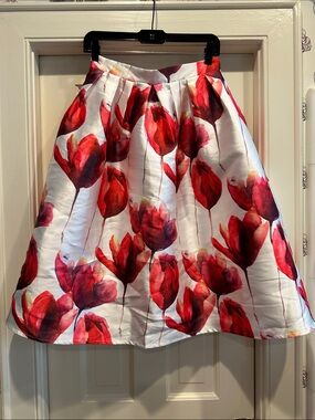 Lulu's White A-Line Skirt with Red Floral Print